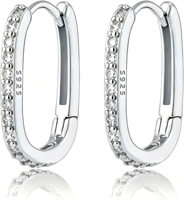 HUGE TOMATO 925 Sterling Silver Gold Diamond Hoop Earrings for Women Teens, Hypoallergenic Small Dainty CZ Square Huggies Paperclip Earring, U Hoop Earrings Minimalist, Sterling Silver, Diamond