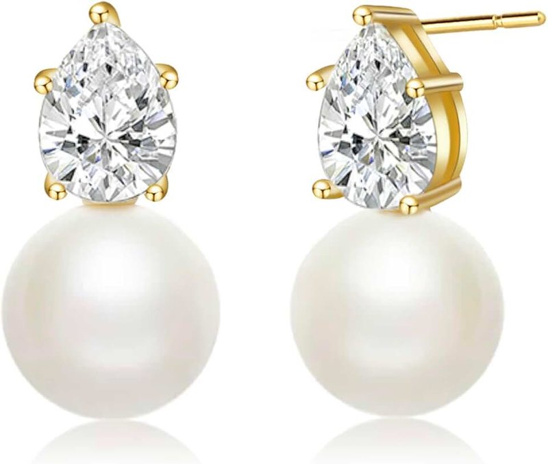 Fwlisesa Pearl Earrings for Women, 14k Gold Plated CZ Formal Pearl Stud Earring Hypoallergenic Gold Earrings for Women Trendy Dainty Bridal Pearls Drop Earrings Fashion Wedding Jewelry