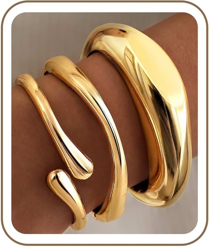 GoldGifts Chunky Gold Bangle for Women Trendy, Non Tarnish 14k Gold Plated Stackable Thick Bangles Bracelets Set, Big Large Statement Cuff Bracelet Stack Fashion Jewelry Gifts