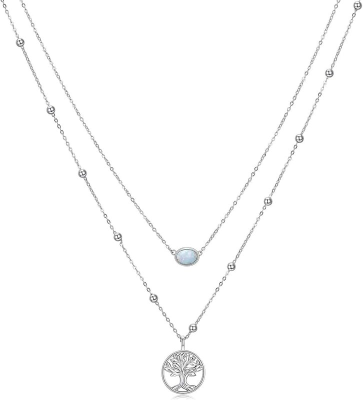 ASTRKIP Tree of Life Layered Necklace Sterling Silver Created Opal Layering Necklaces Christmas Tree of Life Jewelry for Women