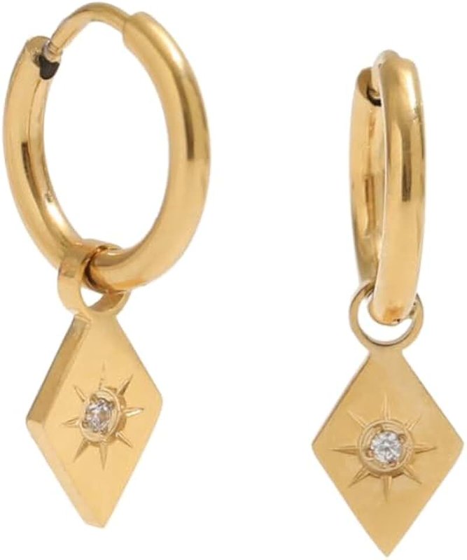 Generic Waterproof Anti Tarnish Hypoallergenic18K Gold Plated Huggie Hoop Earrings with Rhombus Pendant, Stainless Steel Hypoallergenic Earrings for Women with Zircon Crystal, Fashion Jewelry for Everyday Wear, Parties, and Special Occasions
