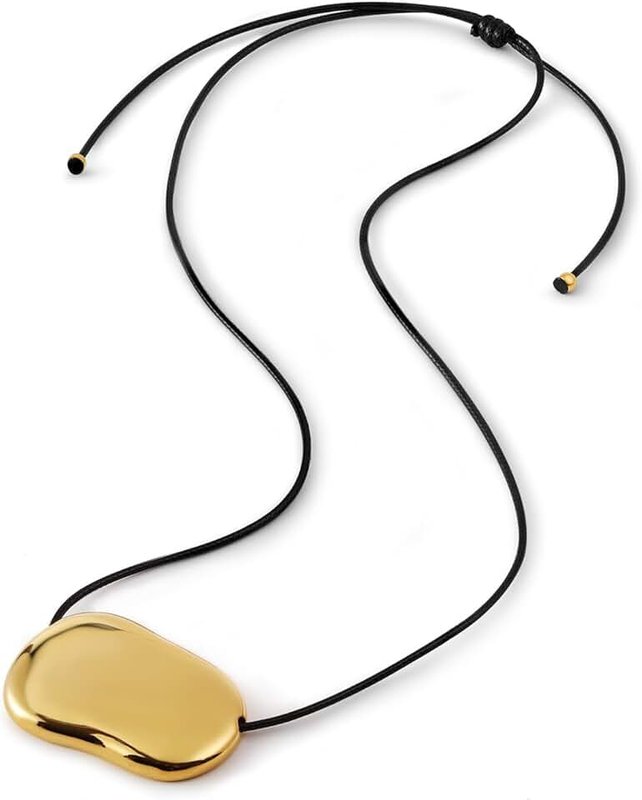 Grozilym Chunky Gold Pebble Pendant Necklace for Women, Minimalist Charm on Adjustable Black Cord, Statement Necklace Jewelry
