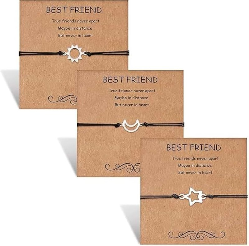 Parlberd Best Friend Bracelets for 3 - Matching Sun Moon Star Heart Bracelets Set, Adjustable Friendship Jewelry Gifts for Women, Birthday, Anniversary (316l Stainless Steel & Wax Rope)