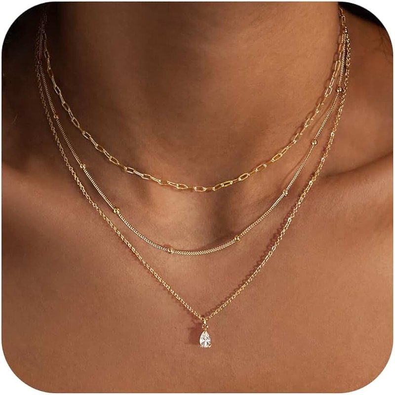 FICXOR Layered Necklaces for Women,Dainty 14k Gold Plated CZ Layered Choker Necklace for Women Trendy Non Tarnish Hypoallergenic Beaded Paperclip Chain Necklace Stack Women's Minimalist Gold Jewelry Gifts