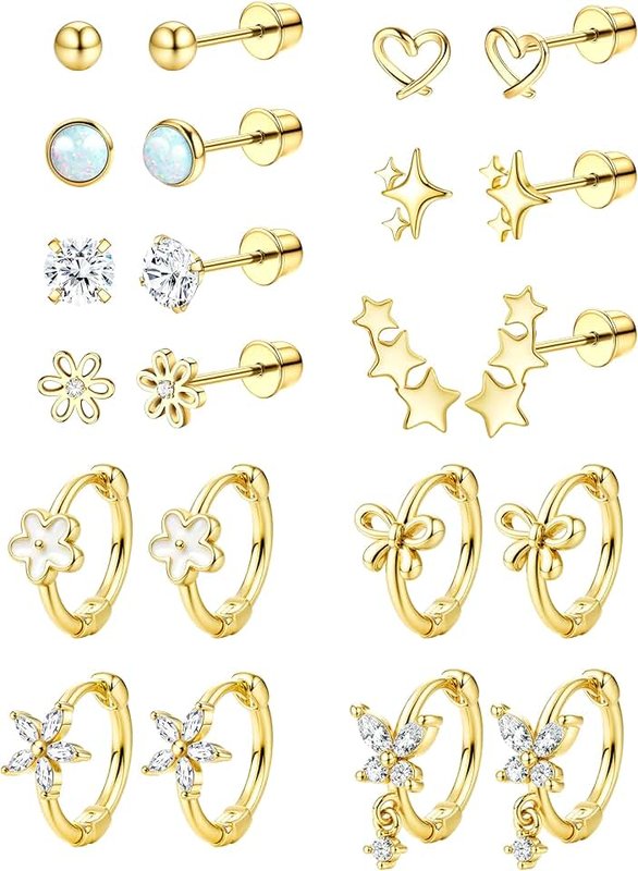 YADOCA Hypoallergenic Earrings for Girls Cute Kids Jewelry Screw Back Toddler Baby Earrings Hoop Huggie Surgical Stainless Steel Stud Earrings Set for Sensitive Ears Flower Heart Earrings for Women