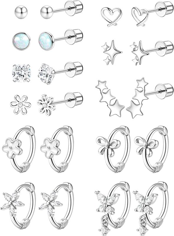YADOCA Hypoallergenic Earrings for Girls Cute Kids Jewelry Screw Back Toddler Baby Earrings Hoop Huggie Surgical Stainless Steel Stud Earrings Set for Sensitive Ears Flower Heart Earrings for Women