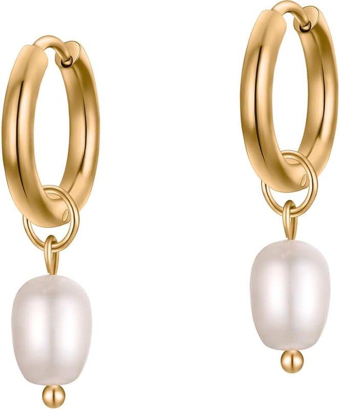 day berlin day.berlin Pearl Earrings "Celi" 18 Carat Gold-Plated Women's Earrings 14 mm Diameter with Real Freshwater Pearl (7 x 8 mm), Small Hoop Earrings Made of 316L Stainless Steel, Nickel-Free and