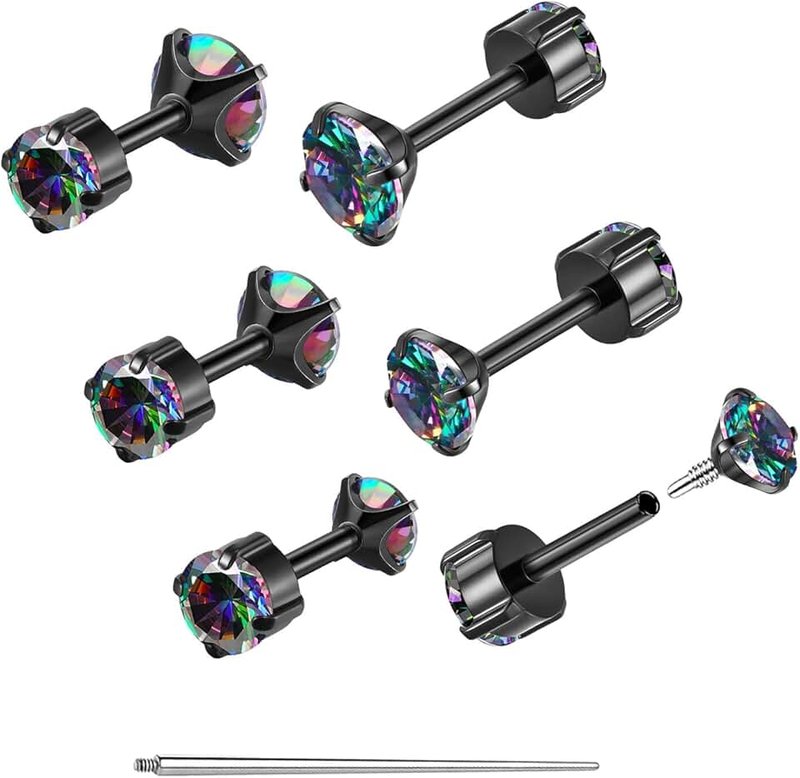 QXXPVV Double CZ Flat Back Hypoallergenic Earrings Studs Stainless Steel Extended Internally Thread Tragus Cartilage Conch Body Piercing Jewelry for Women Men