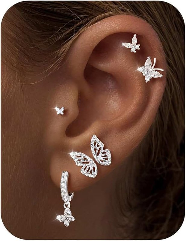 TINGN Small Stud Earrings Hoop Earrings for Women Hypoallergenic 14 Carat Gold-Plated Huggie Earring Sets for Multiple Piercings Dainty Earring Stack Cute Butterfly Cartilage Jewellery Trendy Gifts