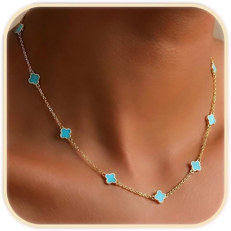 Billet-doux 14K Gold Plated Tiny Clovers Necklace For Women, Very Small Dainty Gold Plated 4-Leaf Clovers on a Cable Chain Necklace, Trendy Jewelry Gifts Perfect for Her