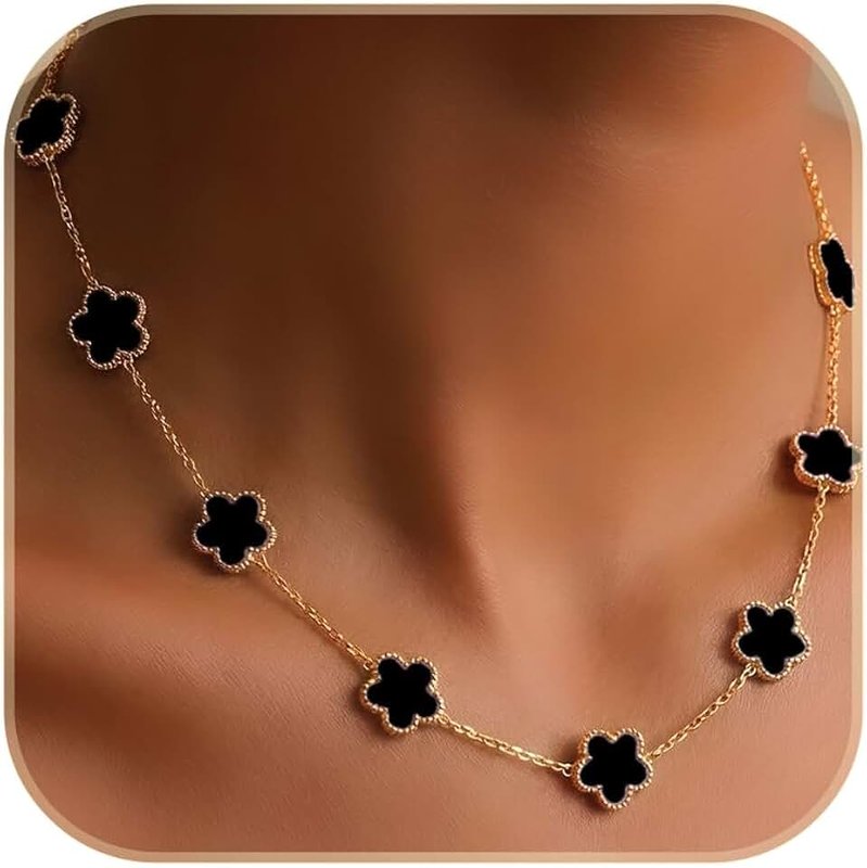 Billet-doux Black Clover Necklace 18K Gold Plated For Women - Leaf Clover Necklace, Adjustable Trendy Jewelry Gifts