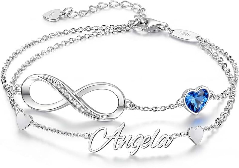 SulisVarkalente Personalized Bracelet Infinity Heart Birthstone Name Bracelet 925 Sterling Silver Adjustable Mother's Day Gift Anniversary Birthday Jewelry for Grandma Girlfriend Custom Jewelry With Name