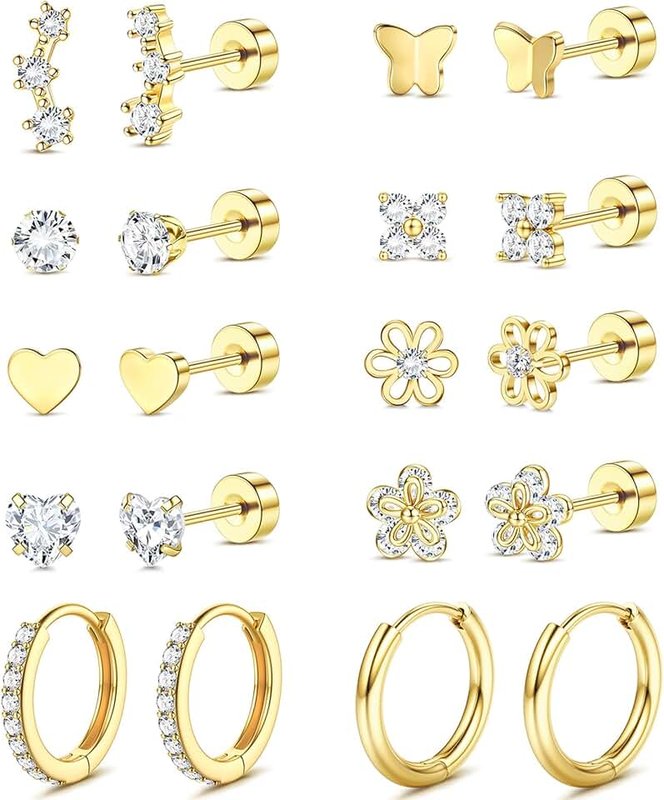 LOLIAS Flat Back Earrings for Women Girls Hypoallergenic Surgical Stainless Steel Earrings for Sensitive Ears 14K Gold Plated Heart Flower Stud Earring Set Small Huggie Hoop Cartilage Earring Stacks