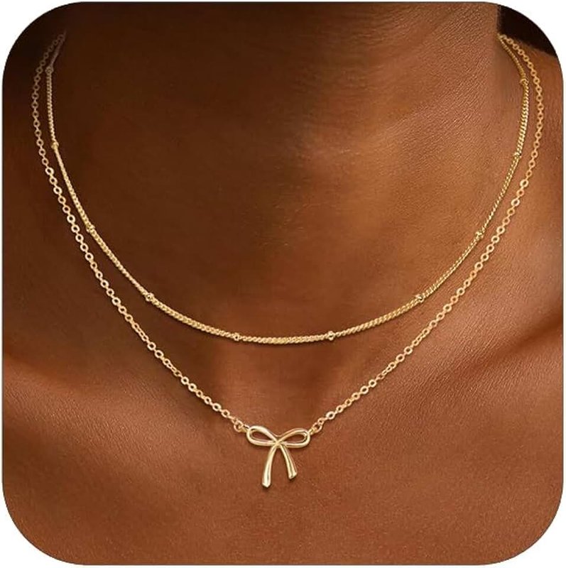 AFSITNIG Gold Bow Necklace for Women Dainty Necklaces 14K Gold Plated Trendy Layered Necklaces Cute Bow Pendant Choker Chain Necklace Non Tarnish Gold Jewelry Gifts for Women Birthday Christmas