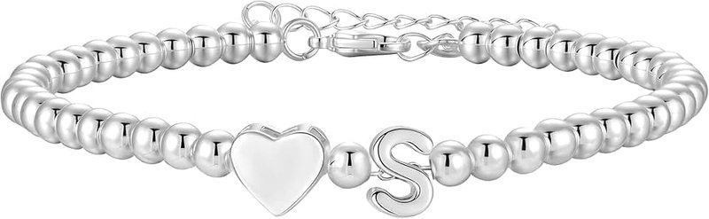 Aretas Initial Bracelet for Women Girls S925 Silver Letter A-Z Heart Pendant Bead Bracelet Christmas Birthday Gifts for Girls Daughter Sister Friends Jewellery