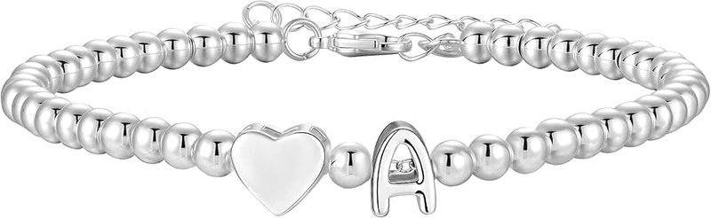 Aretas Initial Bracelet for Women Girls S925 Silver Letter A-Z Heart Pendant Bead Bracelet Christmas Birthday Gifts for Girls Daughter Sister Friends Jewellery