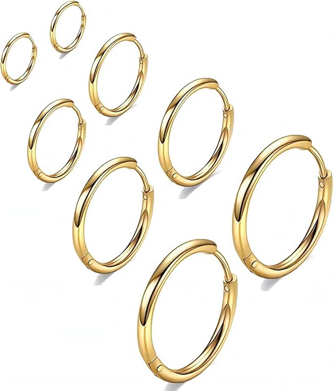 Romanwu 4 Pairs 316L Cartilage Gold Hoop earrings, small gold hoop earrings, women eaarrings set, 6mm 8mm 10mm 12mm Hypoallergenic Small Huggie Hoop Earrings Men Women for Cartilage Piercings