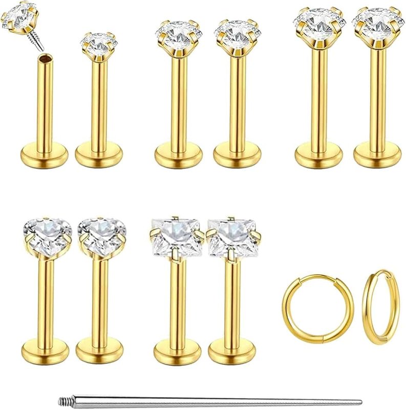 QXXPVV Flat Back Earrings Stainless Steel Internal Thread Labret Studs, CZ Cartilage Hoop Rings for Tragus, Nose, Lip, Medusa Conch Hypoallergenic Body Piercing Jewelry for Women Men