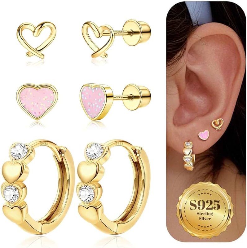 Milacolato 3 Pairs Hypoallergenic Earrings for Girls 925 Sterling Silver Post Stud and Hoop Earrings Set Cute Tiny Heart Flower Butterfly Sleeper Earring Screwback 925 Silver Kids Earrings for Girls