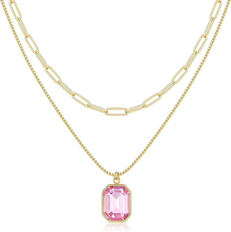 JIAOGE Birthstone Necklace for Women - Dainty Layered Gold Necklace for Women with 12 Months Rectangle Birthstone Pendant Paperclip Box Chain Choker Necklace Birthday Gifts for Women Jewelry