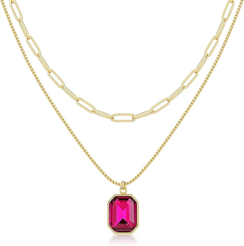 JIAOGE Birthstone Necklace for Women - Dainty Layered Gold Necklace for Women with 12 Months Rectangle Birthstone Pendant Paperclip Box Chain Choker Necklace Birthday Gifts for Women Jewelry