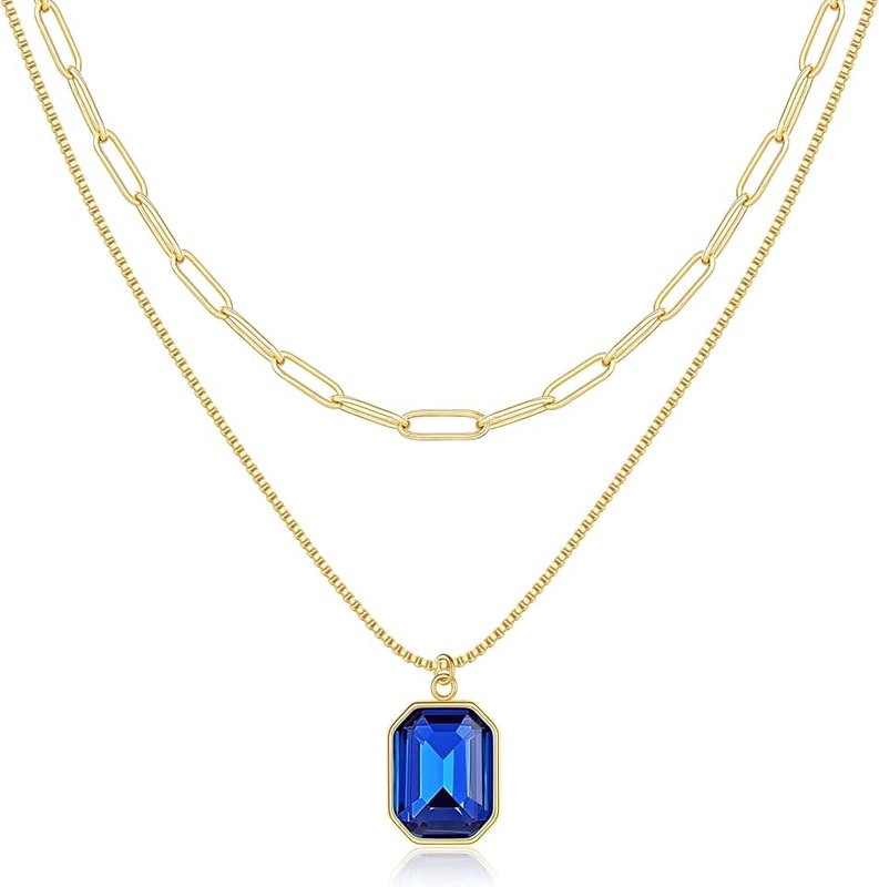 JIAOGE Birthstone Necklace for Women - Dainty Layered Gold Necklace for Women with 12 Months Rectangle Birthstone Pendant Paperclip Box Chain Choker Necklace Birthday Gifts for Women Jewelry