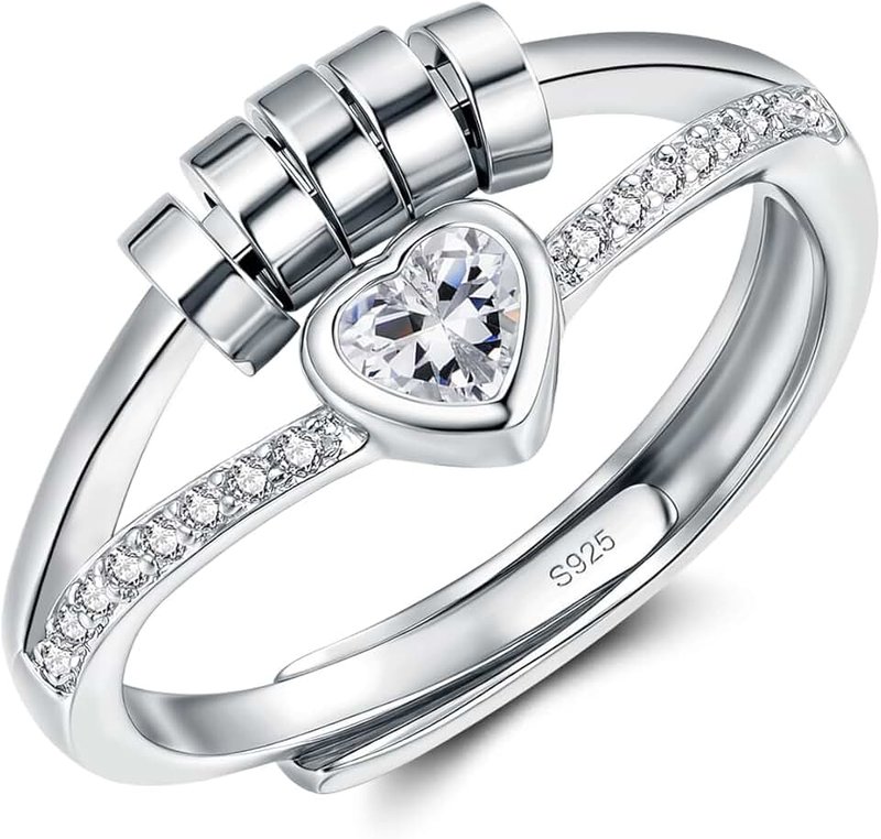 Zecimi Anxiety Rings, 925 Sterling Silver Heart/Star/Twist Fidget Fidget Ring with Beads, Open Fidget Ring for Anxiety Women, Adjustable Thumb Rings with Zirconia, Stress Relief Gifts for Girls