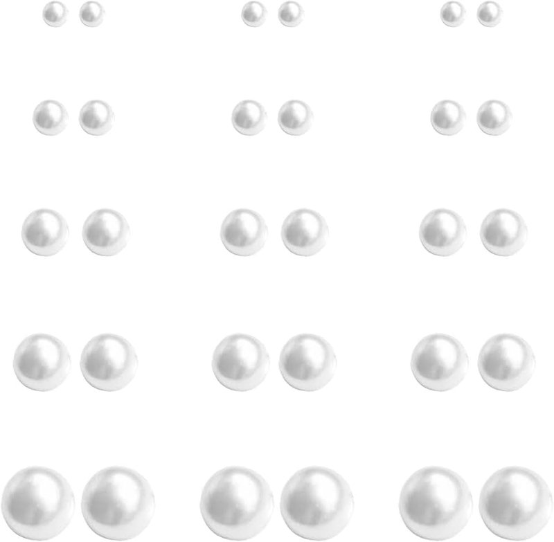 MESTPURER Pearl Stud Earrings set for Women, 316 Surgical Steel Hypoallergenic White Faux Simulated Pearl Earrings, Elegant Gift Box, 5 Sizes Mixed, Pack of 15 Pairs