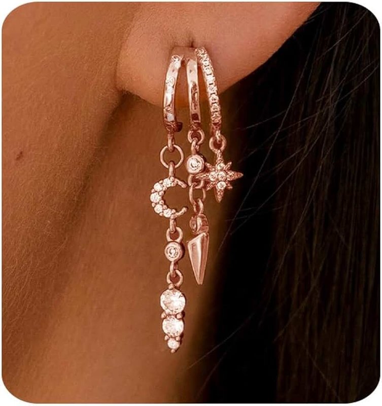 MUMREUES Gold Earrings for Women Trendy 14K Gold Plated Dangle Earrings Small Huggie Hoop Earrings Simple Cubic Zirconia Star Moon Dangly Earrings Hypoallergenic Drop Chain Illusion Earrings