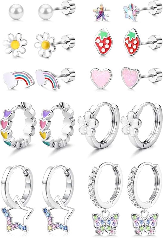 Adramata 10 Pairs Hypoallergenic Earrings for Girls Stainless Steel Girls Earring Cute Hoops Screw Flatback Studs Screw Back CZ Heart Flower Butterfly Kids Earrings Jewellery (Gold/Silver)