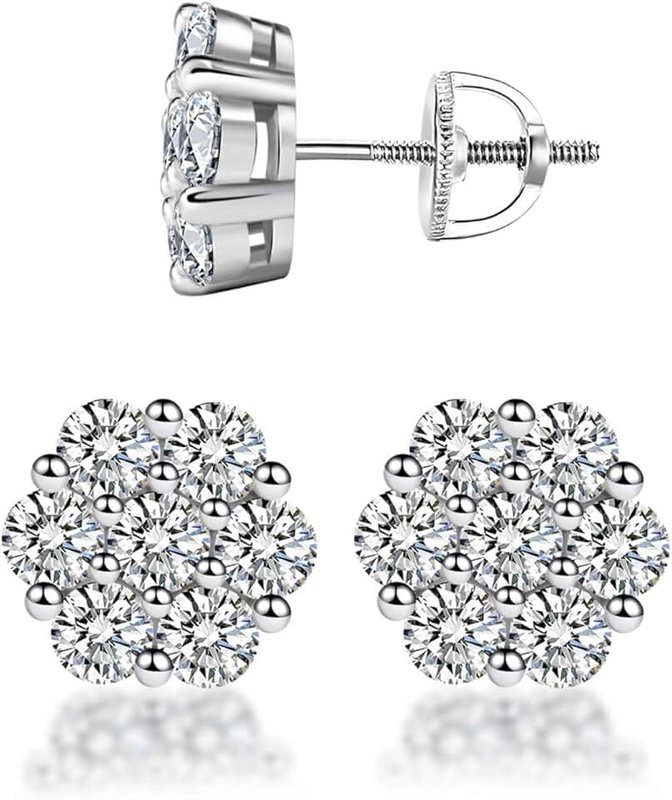 Delzzad Moissanite Earrings for Men, S925 Sterling Silver Flower Cluster Stud Earrings Screw Back Earrings for Women, 7-Stone Design Silver Golden