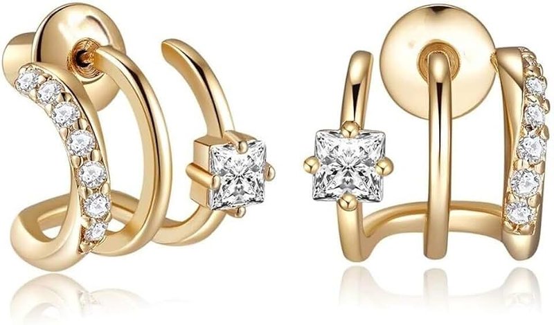 VEROMO 14K Gold Plated Illusion Stud Earrings for Women | Triple Huggie Hoop Earrings for One Hole