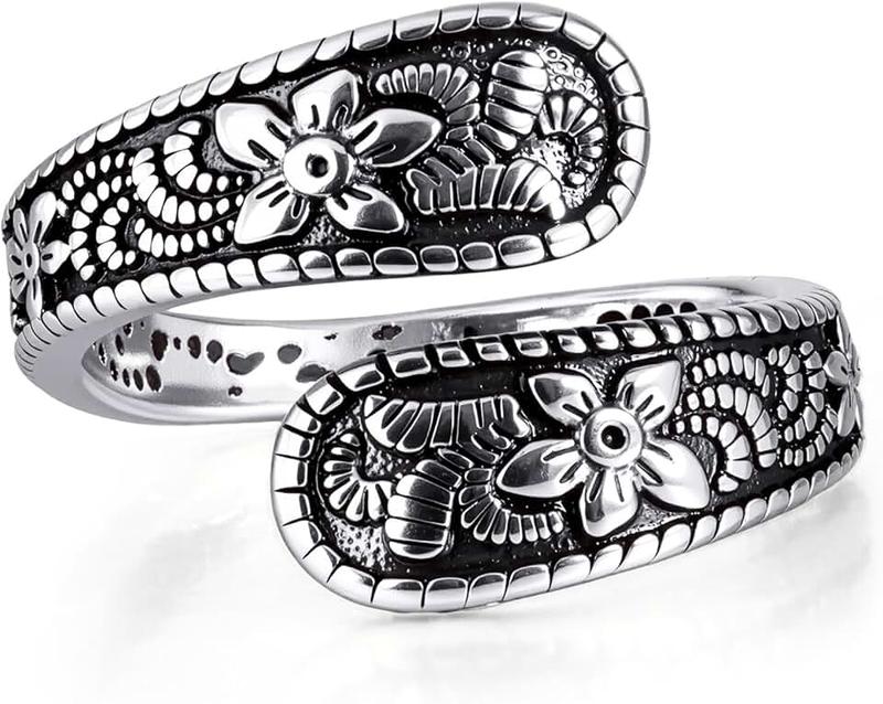 Teppdfann Vintage 14K Gold Plated and Silver Spoon Ring – Adjustable Ring with Carving Design for Women, Unique Boho Open Ring for Gift