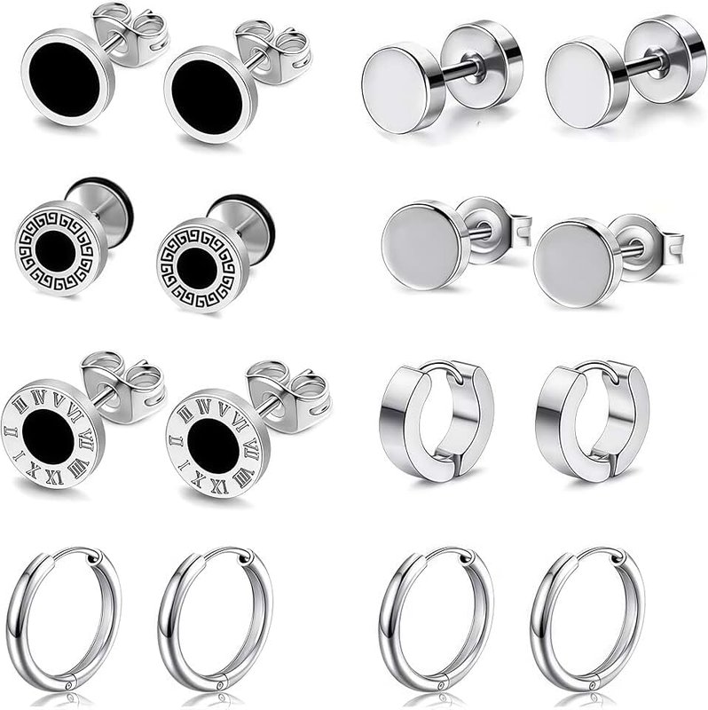 vincicraft Men's Earrings Black Set - Stainless Steel Hypoallergenic Hoop & Stud Earrings for Men Boys, Hypoallergenic Daily Wear & Gift