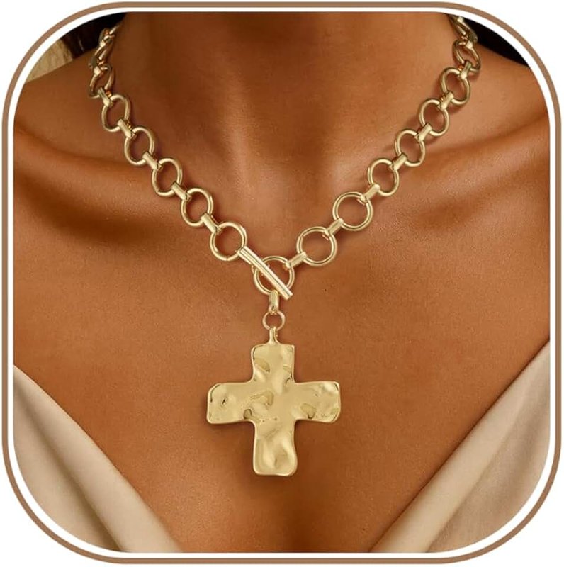 KAERUN Chunky Gold Necklace for Women Trendy Non Tarnish 14K Gold Plated Statement Paperclip Chain Charm Necklaces Cross Pearl Heart Evil Eye Clover Spiral Pendant Necklace Birthday Gifts for Women Jewelry