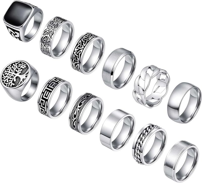 WAINIS 12 Pcs Men's Stainless Steel Vintage Signet Ring Square Pinky Thumb Chunky Thin Band Ring Vintage Biker Band Rings Set