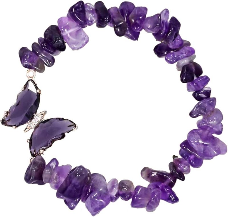 Auroly Amethyst Butterfly Charm Bracelet for Women, Stretchy Crystal Beaded Healing Jewelry Gift, for Yoga Meditation - Auroly