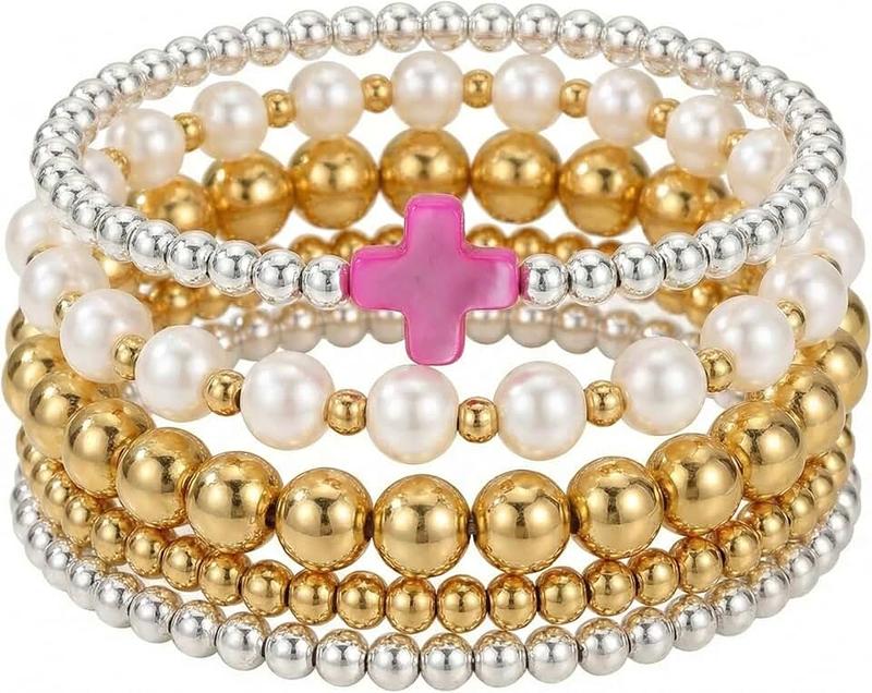 SHINUS BOHO 14K Gold Pearl Beaded Cross Bracelets Stack Set for Women,Stretch Boho Colorful Christian Beads Ball Jewelry Trendy Gift