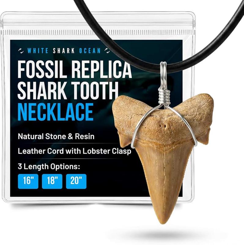 WHITE SHARK OCEAN Authentic Looking Shark Tooth Necklace - Realistic Replica Shark Teeth Jewelry for Men, Women, Teens & Kids - Shark-Friendly Beach Surfer Style Pendant - Natural Leather Cord - Unisex Ocean Gift