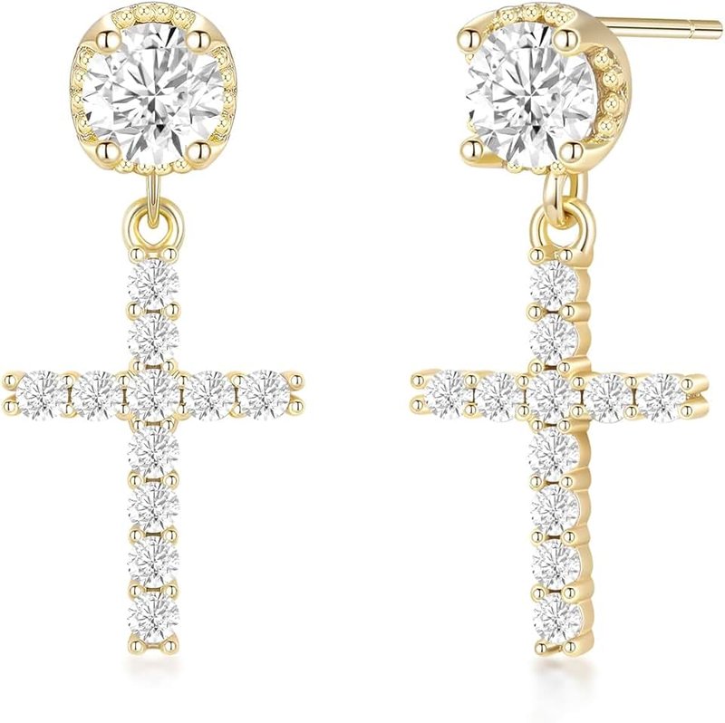 Pevoria Cross Earrings For Women 14K Gold Plated Dangle Drop Earrings Sterling Silver Post Cubic Zirconia Religious Hypoallergenic