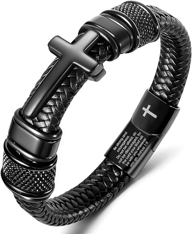 Enjoy Risingsun Mens Christian Bracelet, Cross Bracelet for Men, Gifts for Husband Dad Boyfriend Son, Engraved Bible Verse Jewelry, Stainless Steel Cross, Black Braided Leather Bracelets