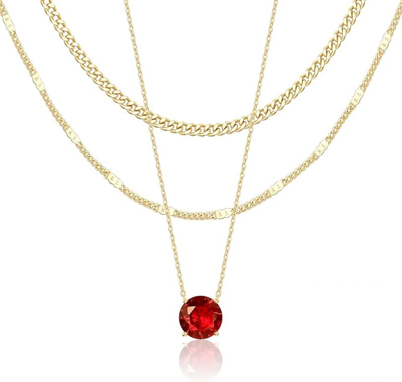 WomenGifts Layered Gold Necklaces for Women, 14K Gold Sterling Silver Plated Dainty Pendant Necklace Set with Cubic Zirconia Circle, Chunky Stackable Cuban Chain Choker, Trendy Personalized Birthstone