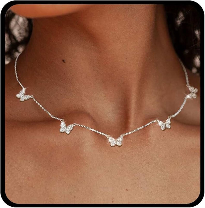 RLMOON Dainty Silver Gold Necklaces for Women Trendy Non Tarnish 14K Gold Plated Cubic Zirconia Necklace Layered Cute Butterfly Heart Station Choker Necklace Stack for Wedding Prom Brides Jewelry