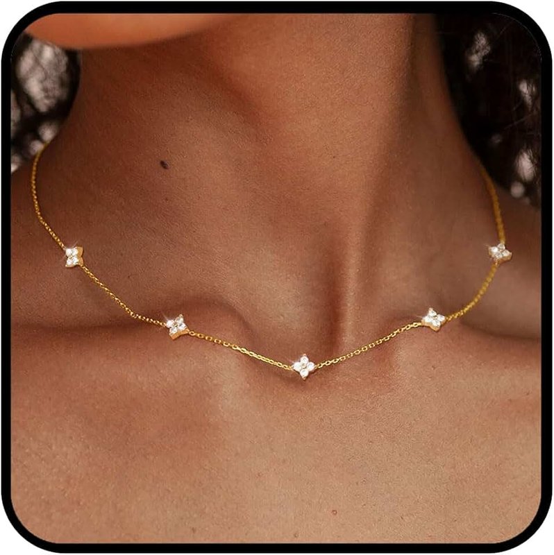 RLMOON Dainty Silver Gold Necklaces for Women Trendy Non Tarnish 14K Gold Plated Cubic Zirconia Necklace Layered Cute Butterfly Heart Station Choker Necklace Stack for Wedding Prom Brides Jewelry