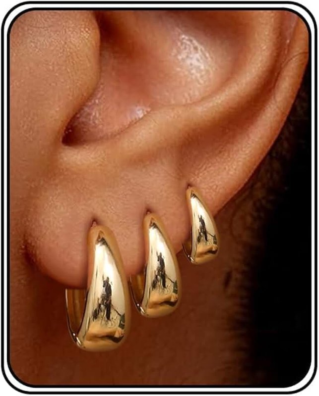 RAMGLYO 3Pairs Gold Hoop Earrings for Women Chunky Gold Earrings 14K Gold Filled Hypoallergenic Small Huggie Hoop Earrings Set Lightweight Hoop Earrings