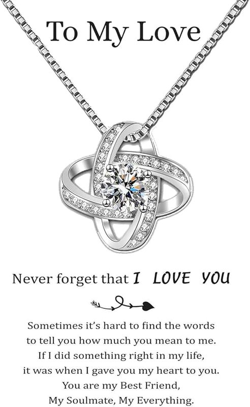 SPDCOW Pendant Necklace for Women – Love Knot Pendant with Diamond – Adjustable Silver Necklace for Her, Wife – Romantic Jewelry Gifts for Birthday, Anniversary, Mother's Day, Valentines, Christmas
