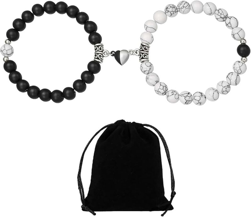 HZQZaoan 2PCS Magnetic Couple Bracelet Set with a bag - Friendship Couple Long Distance Matching Bracelet Natural Turquoise Couple's Love Bracelet for Women Men Valentine's