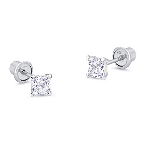 Rhodium Plated Pink Cubic Zirconia Flower Screw Back Earrings for Girls 5mm