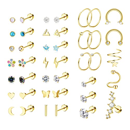 LOYALLOOK Gold Plated Tiny Stud Earrings Stainless Steel Earring Sets for  Multiple Piercings Small Huggie Hoop Earrings CZ Ball Flat Back Earrings
